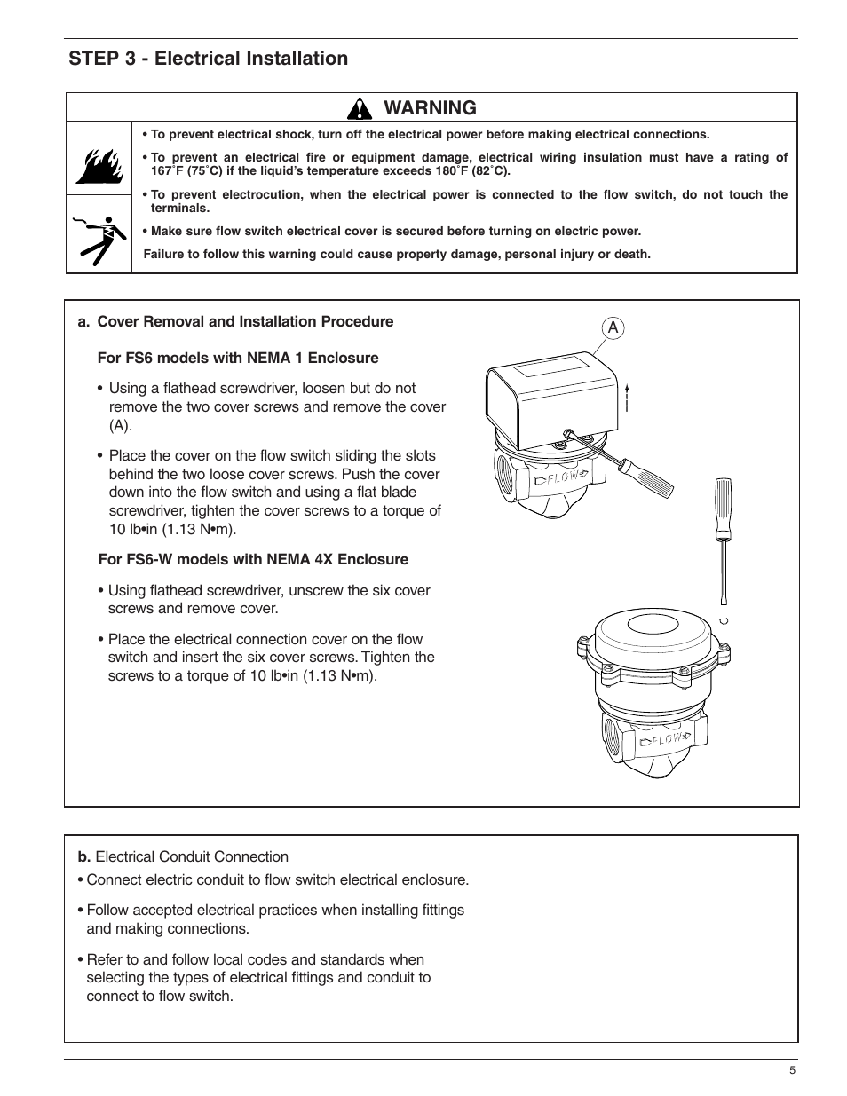 Step 3 - electrical installation, Warning | Xylem MM 619F Series FS6 Flow Switch User Manual | Page 5 / 8