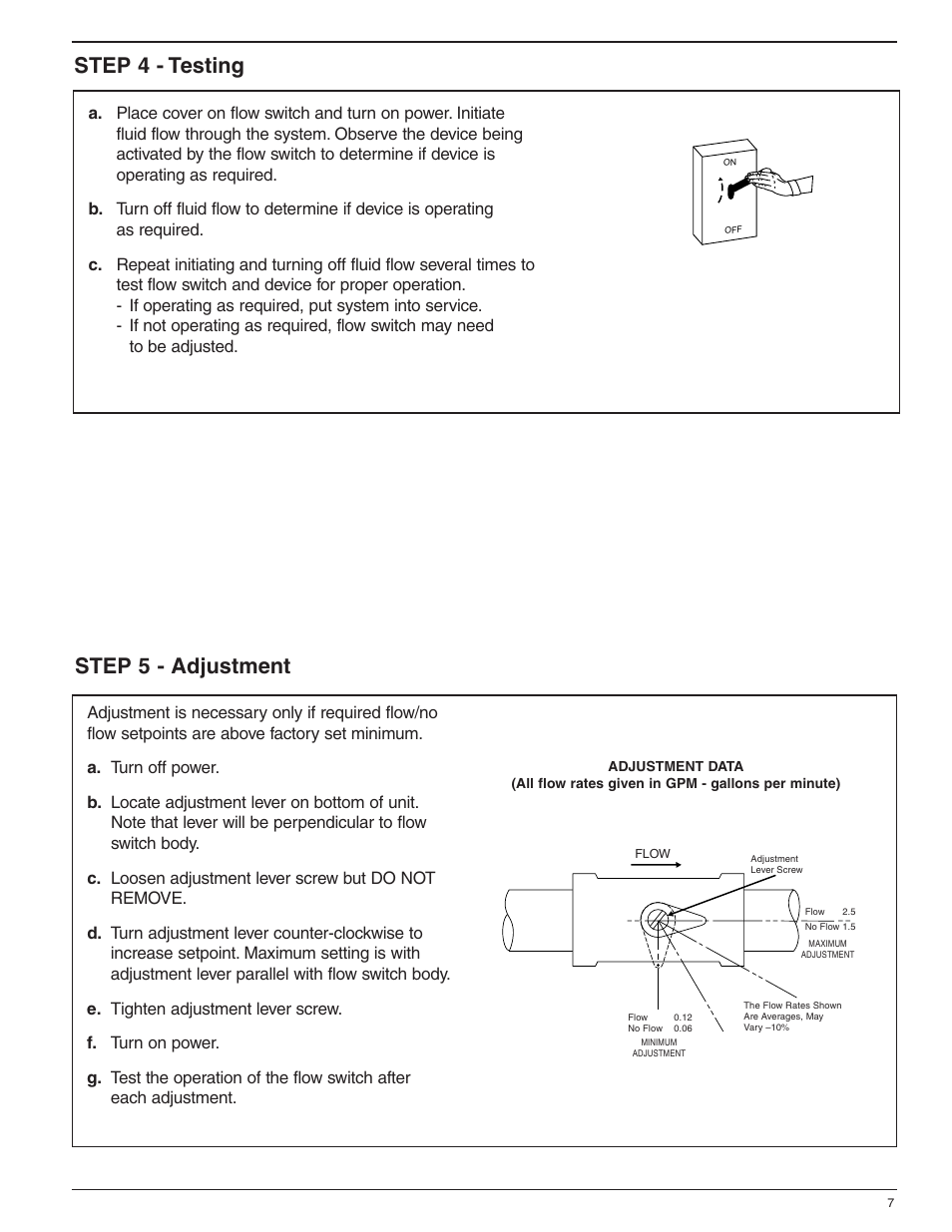 Step 4 - testing step 5 - adjustment | Xylem MM 619F Series FS6 Flow Switch User Manual | Page 7 / 8