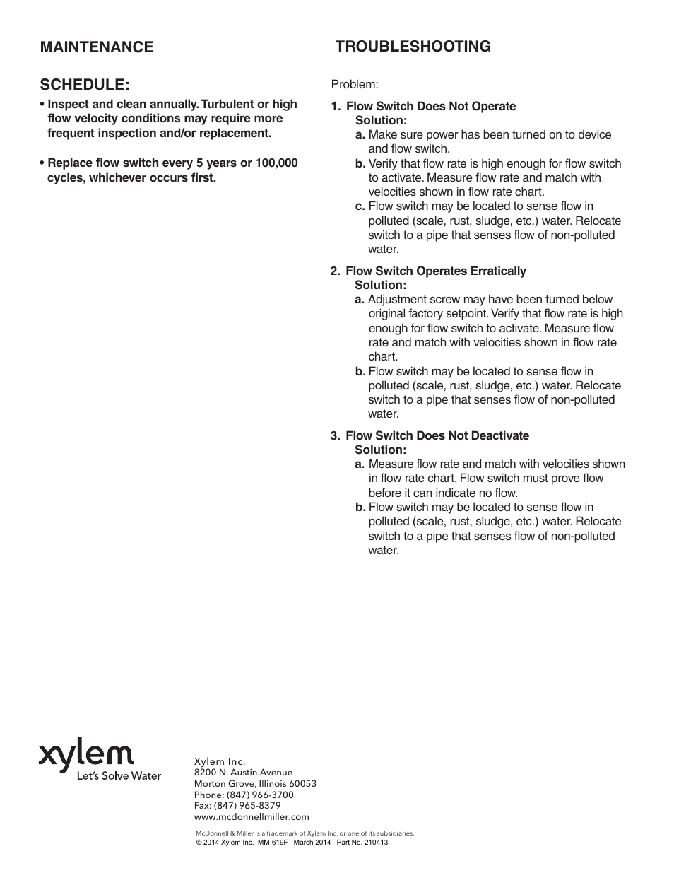 Maintenance schedule, Troubleshooting | Xylem MM 619F Series FS6 Flow Switch User Manual | Page 8 / 8