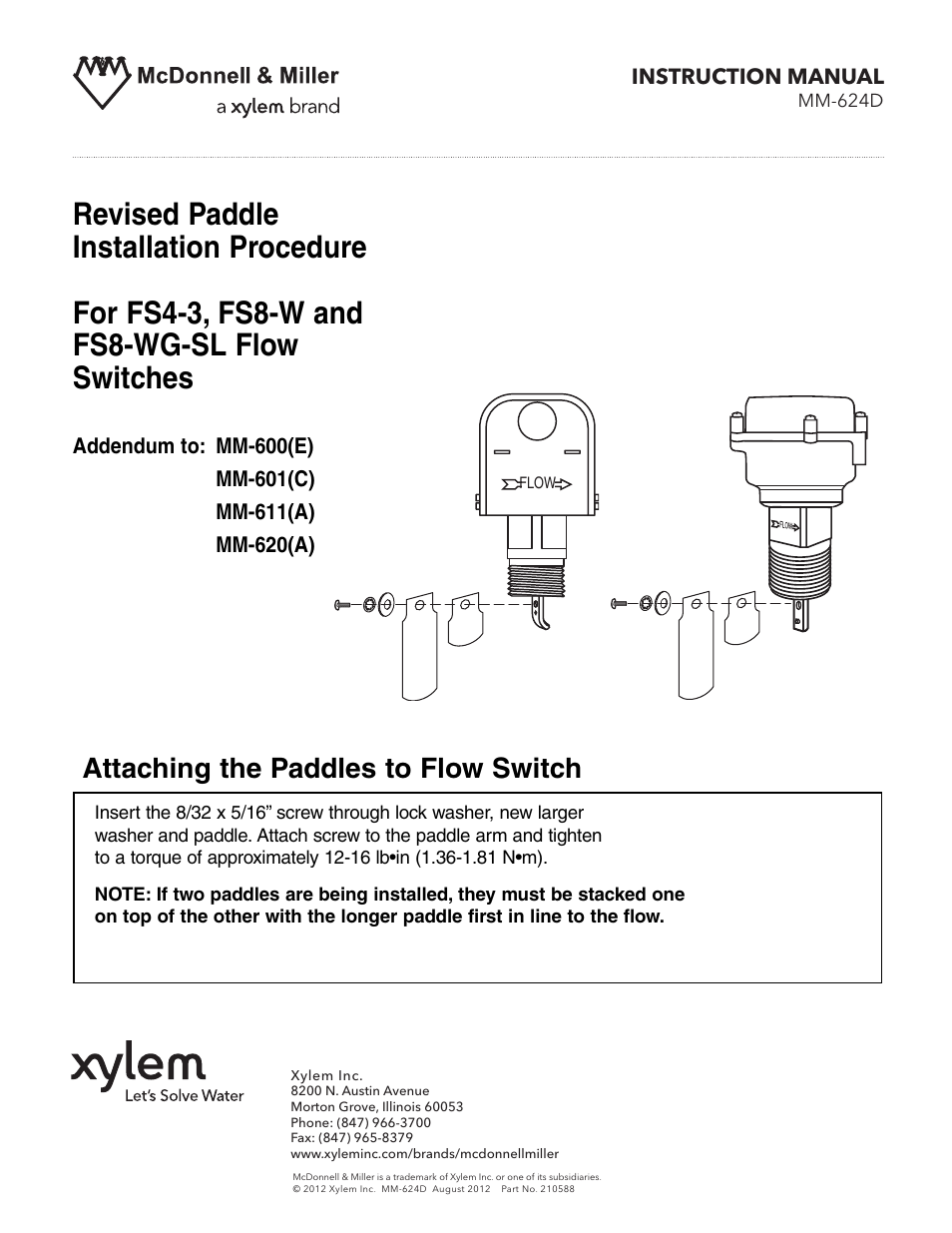 Xylem MM 624D Paddle Installation Procedure for FS4 3 FS8 W & FS8 WG SL Flow Switches User Manual | 1 page
