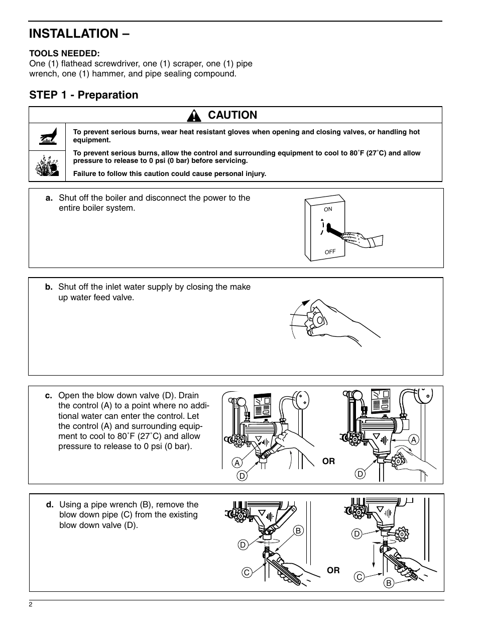 Installation, Step 1 - preparation, Caution | Xylem MM 702E Series 14-B Ball Type Blow Down Valve User Manual | Page 2 / 8