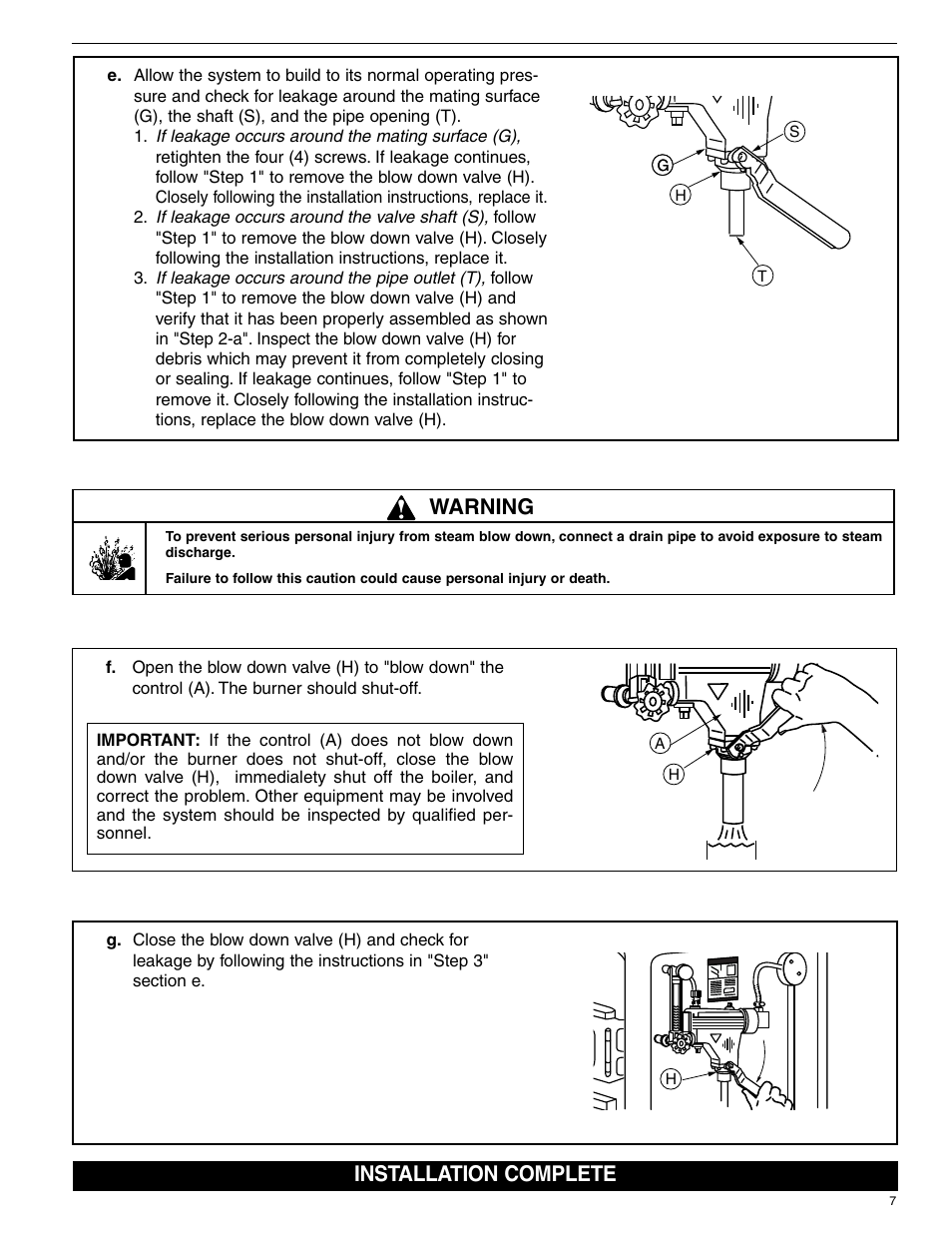 Warning, Installation complete | Xylem MM 702E Series 14-B Ball Type Blow Down Valve User Manual | Page 7 / 8