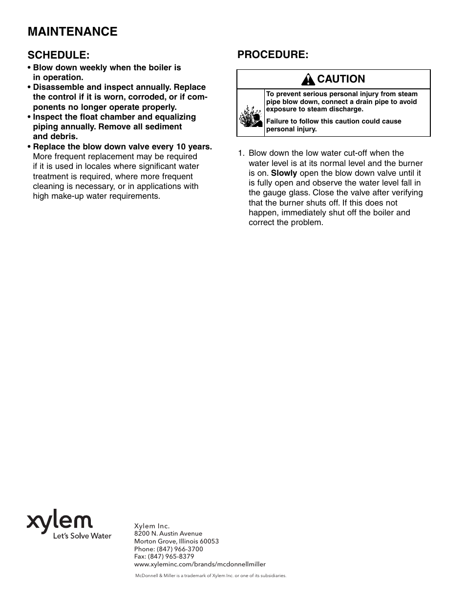 Maintenance, Schedule, Procedure | Caution | Xylem MM 702E Series 14-B Ball Type Blow Down Valve User Manual | Page 8 / 8