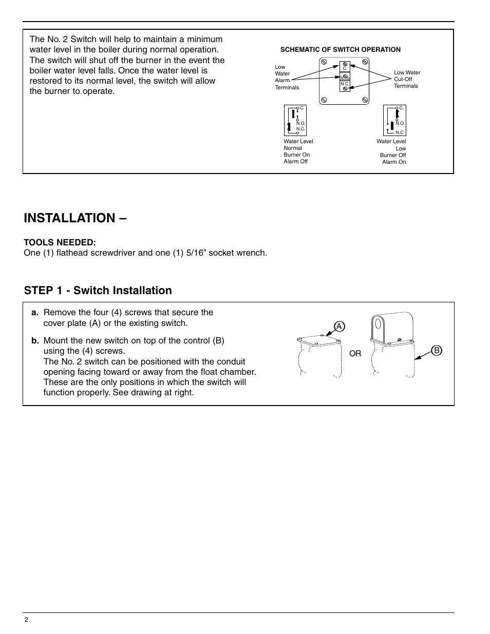 No. 2 switch, Mcdonnell & miller, Warning | Installation, Operation, Step 1 - switch installation, Installation & maintenance instructions mm-704(a) | Xylem MM 704B No. 2 Switch For series 47, 247, 63, 51, and 53 water feeders to add the low water cut-off function User Manual | Page 2 / 4