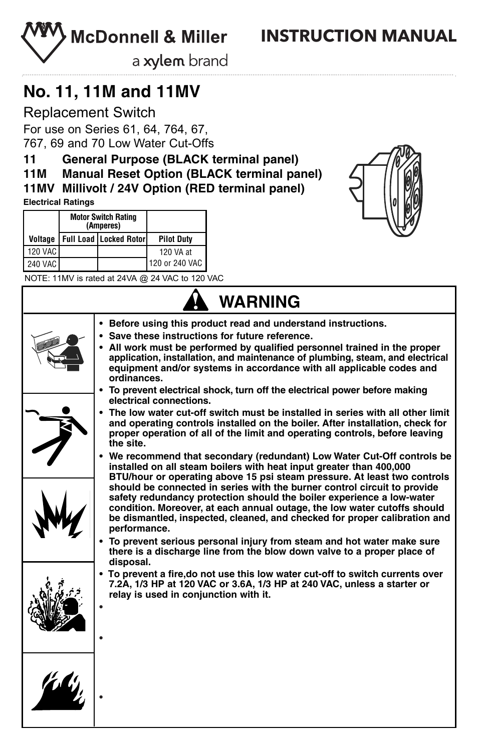 Xylem MM 705D No. 11, 11M and 11MV Replacement Switch for use on Series 61, 64, 764, 67, 767, 69 and 70 Low Water Cut-Offs User Manual | 4 pages