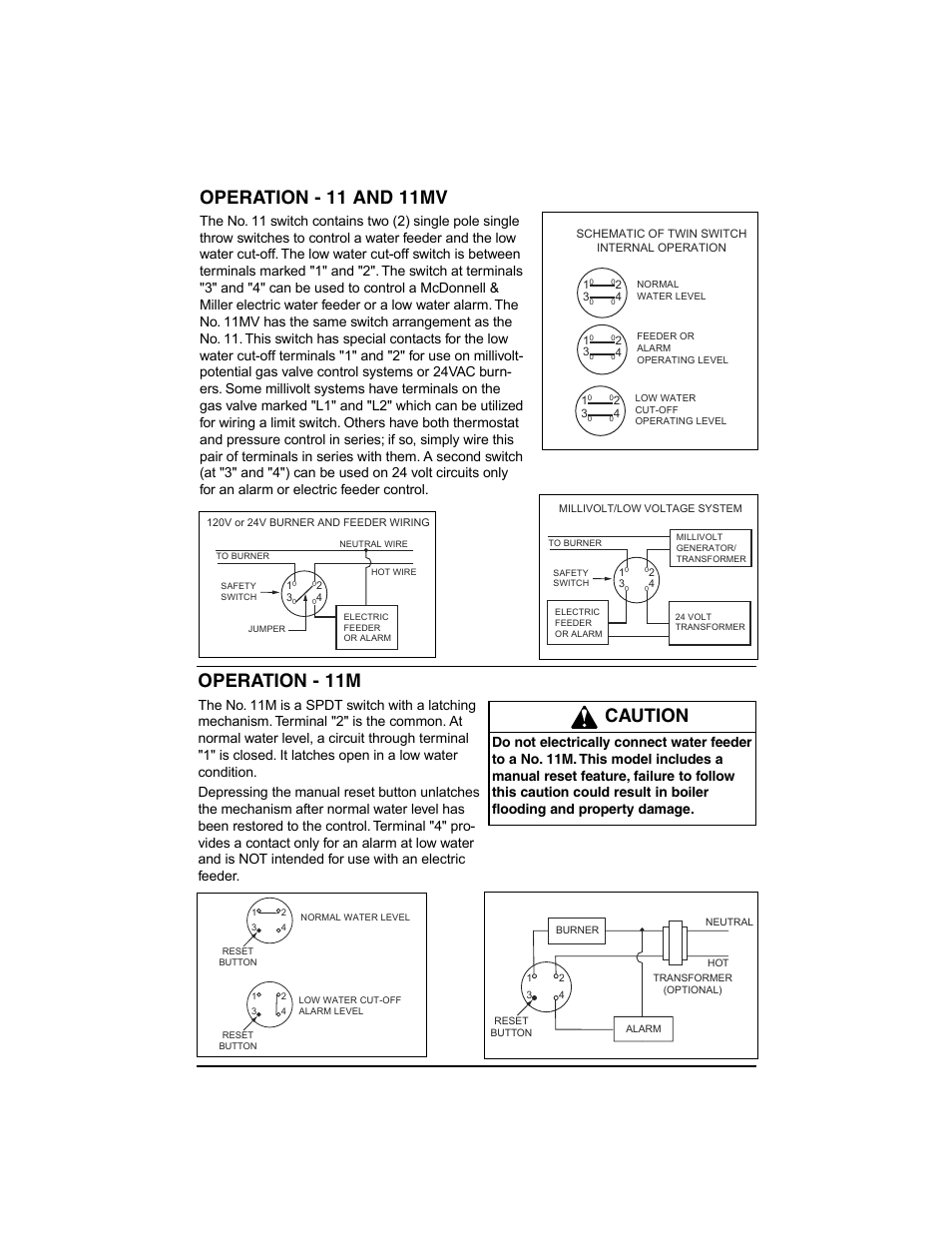 Operation - 11 and 11mv, Operation - 11m, Caution | Xylem MM 705D No. 11, 11M and 11MV Replacement Switch for use on Series 61, 64, 764, 67, 767, 69 and 70 Low Water Cut-Offs User Manual | Page 2 / 4