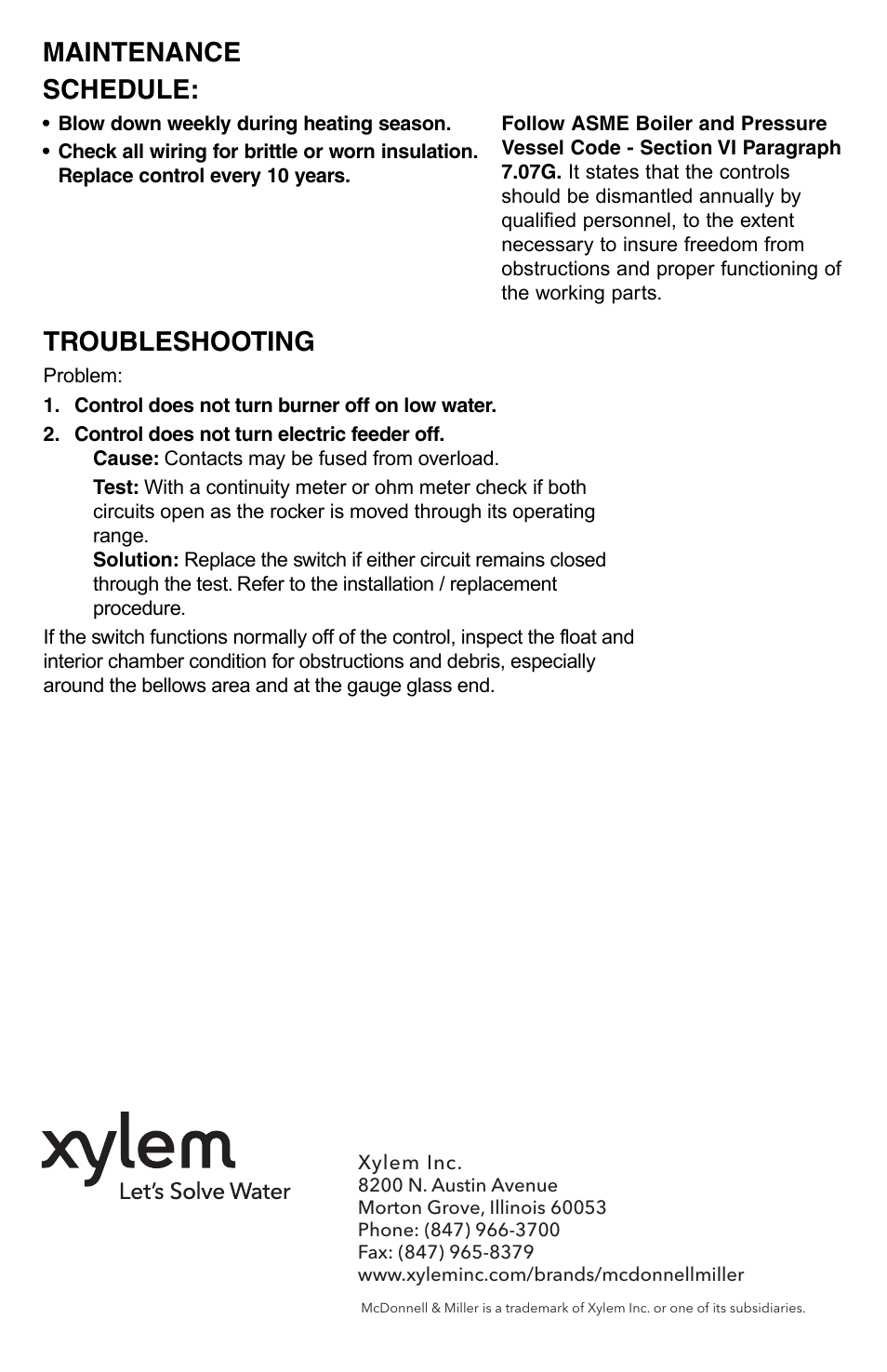 Maintenance schedule, Troubleshooting | Xylem MM 705D No. 11, 11M and 11MV Replacement Switch for use on Series 61, 64, 764, 67, 767, 69 and 70 Low Water Cut-Offs User Manual | Page 4 / 4
