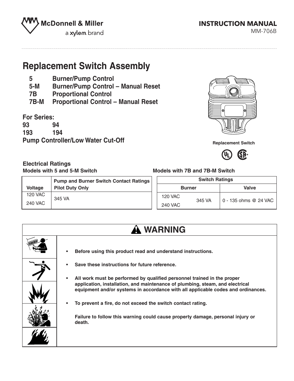 Xylem MM 706B Replacement Switch Assembly User Manual | 4 pages