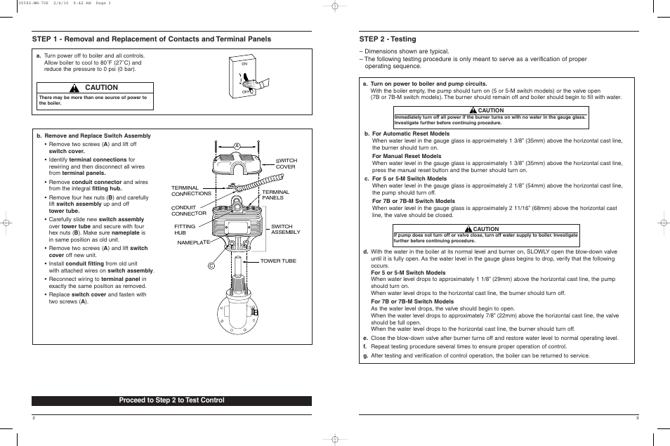 Step 2 - testing, Proceed to step 2 to test control, Caution | Xylem MM 706B Replacement Switch Assembly User Manual | Page 3 / 4