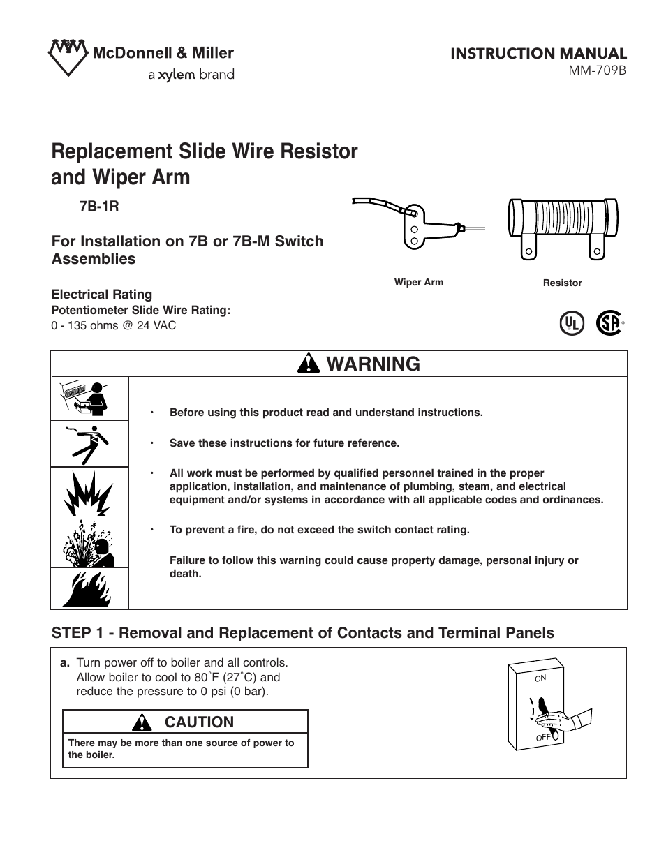 Xylem MM 709B Replacement Slide Wire Resistor and Wiper Arm 7B-1R For Installation on 7B or 7B-M Switch Assemblies User Manual | 4 pages