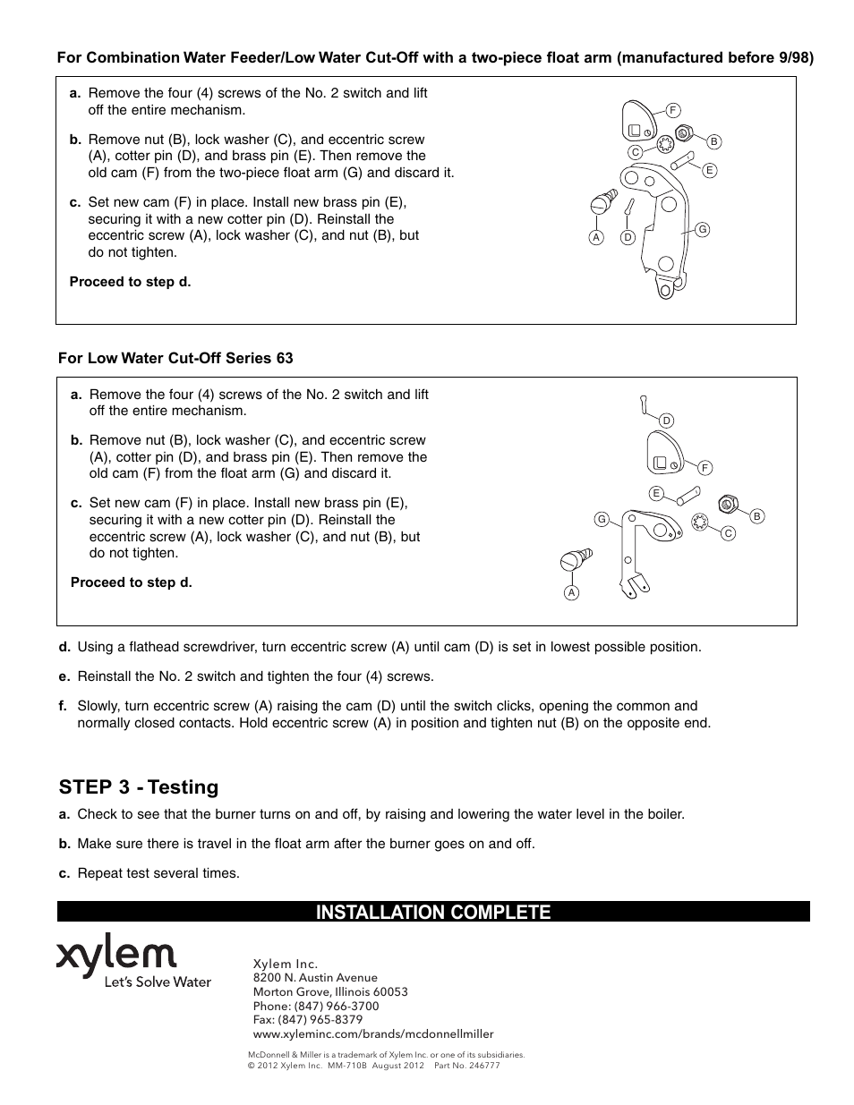 Step 3 - testing, Installation complete | Xylem MM 710B Replacement Cam CO 106 (302900) User Manual | Page 2 / 2