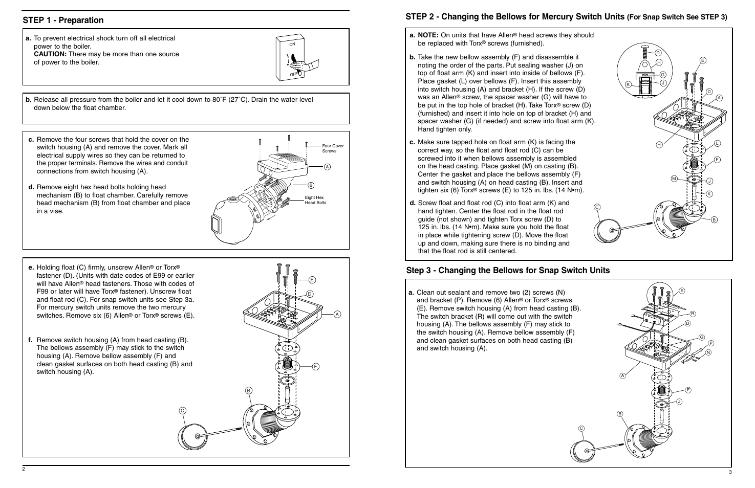 Step 1 - preparation, For snap switch see step 3) | Xylem MM 711B Series 150, 150S, 157, 157S Bellows Replacement User Manual | Page 2 / 4