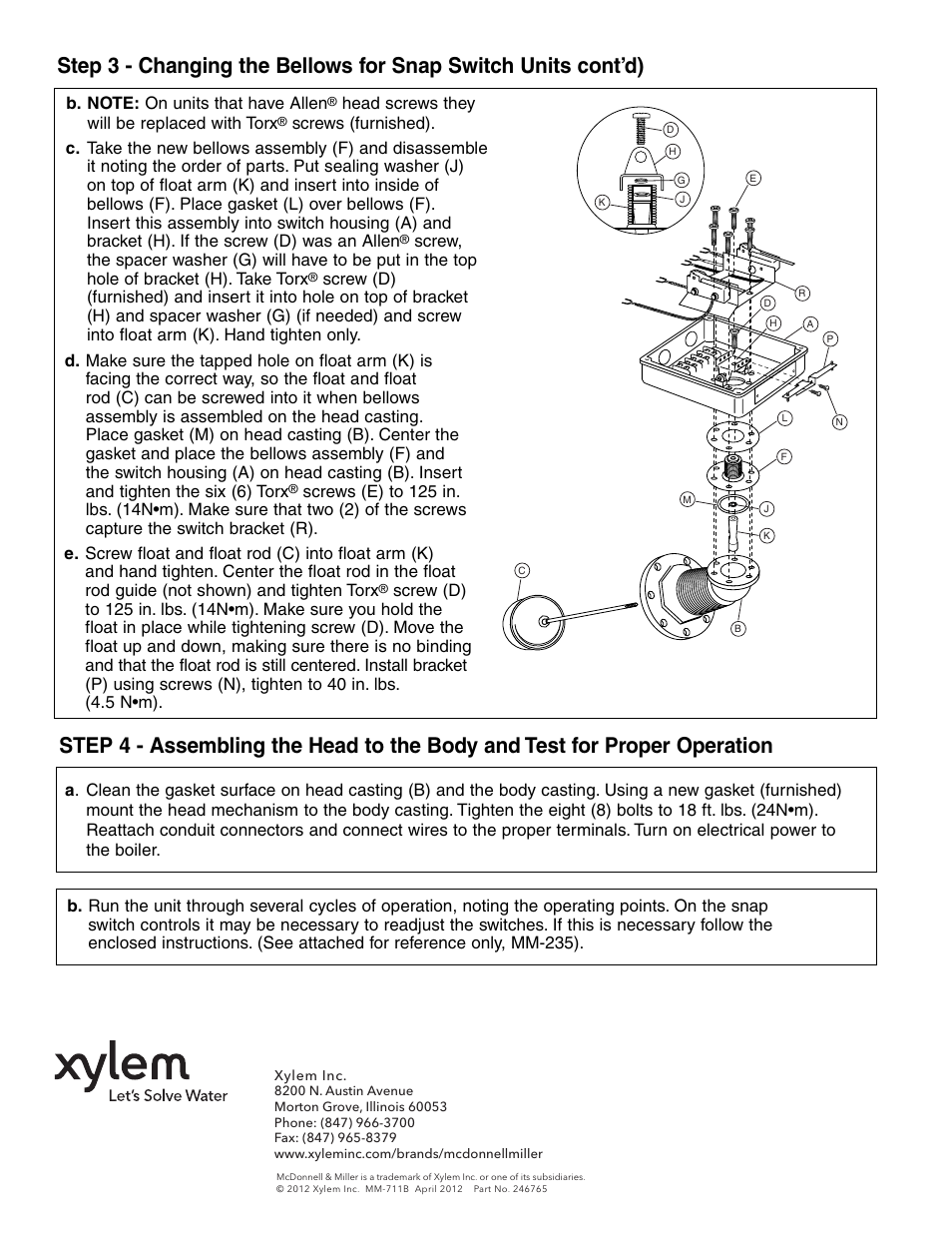 Mcdonnell & miller, Warning, Installation & maintenance instructions mm-711(a) | Xylem MM 711B Series 150, 150S, 157, 157S Bellows Replacement User Manual | Page 4 / 4