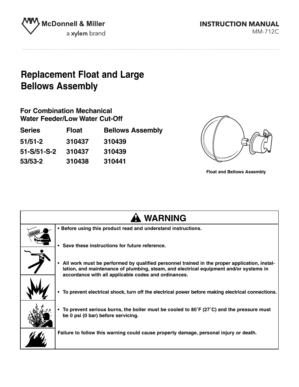 Xylem MM 712C Series 51/51 S/53 Replacement Float and Large Bellows Assembly User Manual | 4 pages