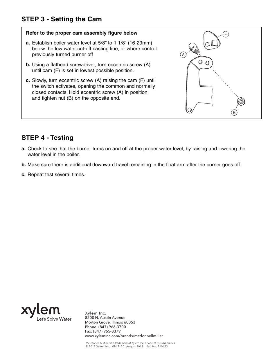 Step 4 - testing step 3 - setting the cam | Xylem MM 712C Series 51/51 S/53 Replacement Float and Large Bellows Assembly User Manual | Page 4 / 4