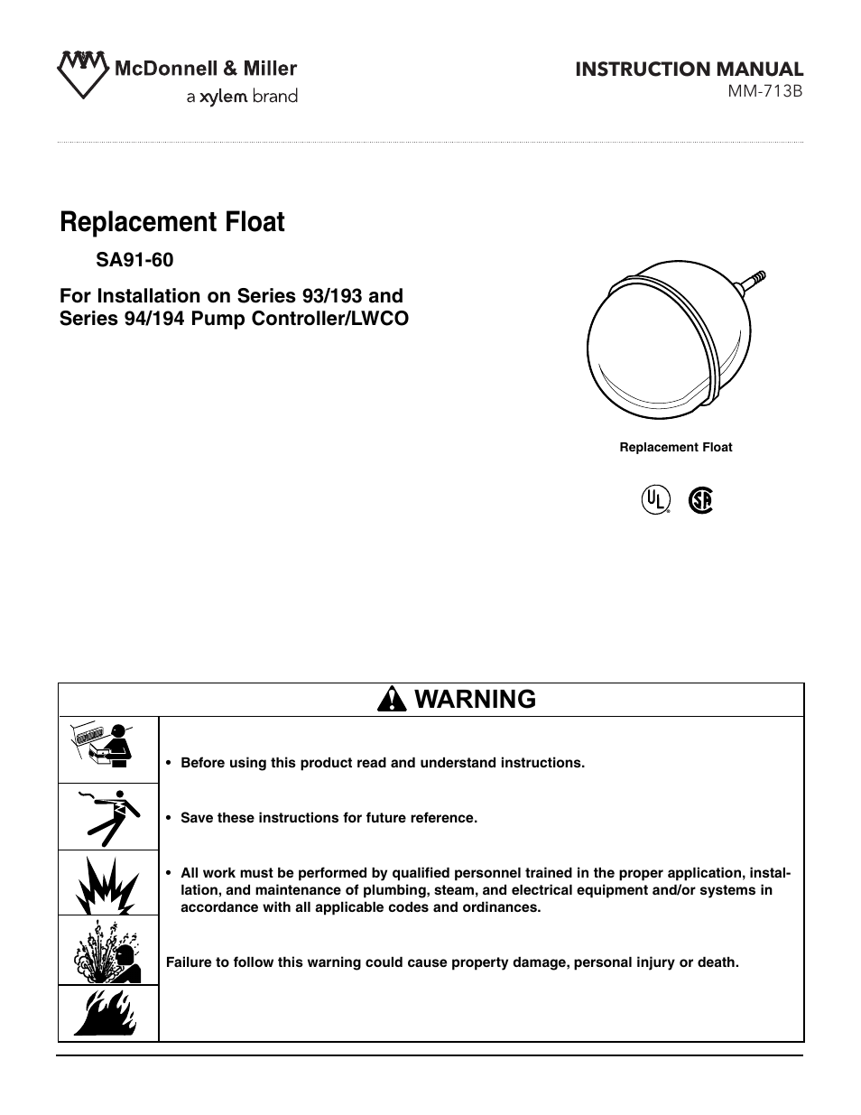 Xylem MM 713B Series 93/193 and 94/194 Replacement Floats User Manual | 4 pages
