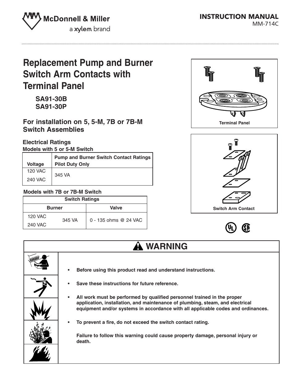 Xylem MM 714C Replacement Pump and Burner Switch Arm Contacts with Terminal Panel User Manual | 4 pages