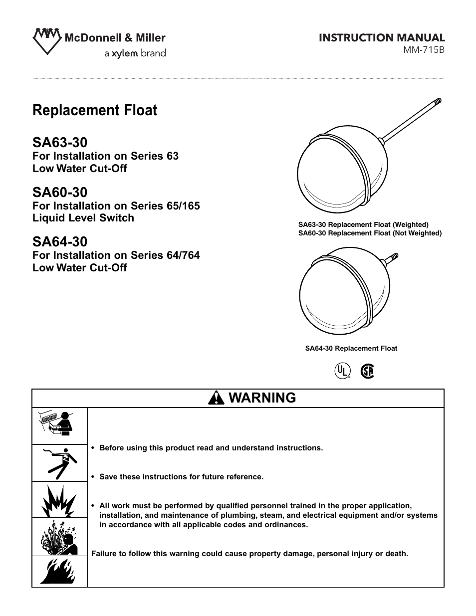 Xylem MM 715B Series 63 64/764 and 65/165 Replacement Floats User Manual | 4 pages