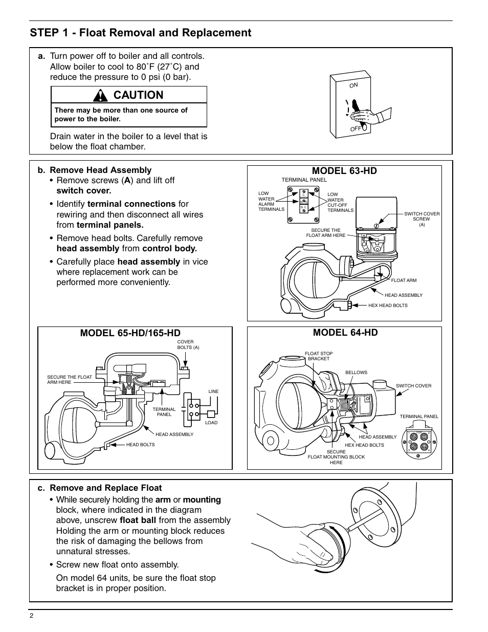 Step 1 - float removal and replacement, Caution | Xylem MM 715B Series 63 64/764 and 65/165 Replacement Floats User Manual | Page 2 / 4