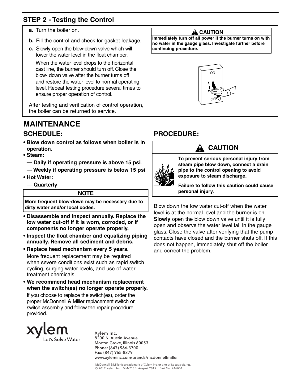 Maintenance, Schedule, Procedure | Caution, Step 2 - testing the control | Xylem MM 715B Series 63 64/764 and 65/165 Replacement Floats User Manual | Page 4 / 4