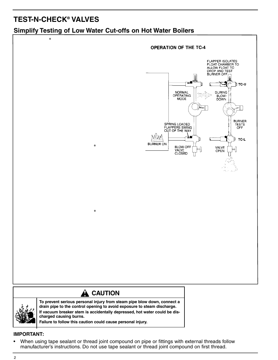 Mm802_rev_e 2, Test-n-check, Valves | Caution | Xylem MM 802F Model TC-4 Test-N-Check Valves For Hot Water Boilers User Manual | Page 2 / 5