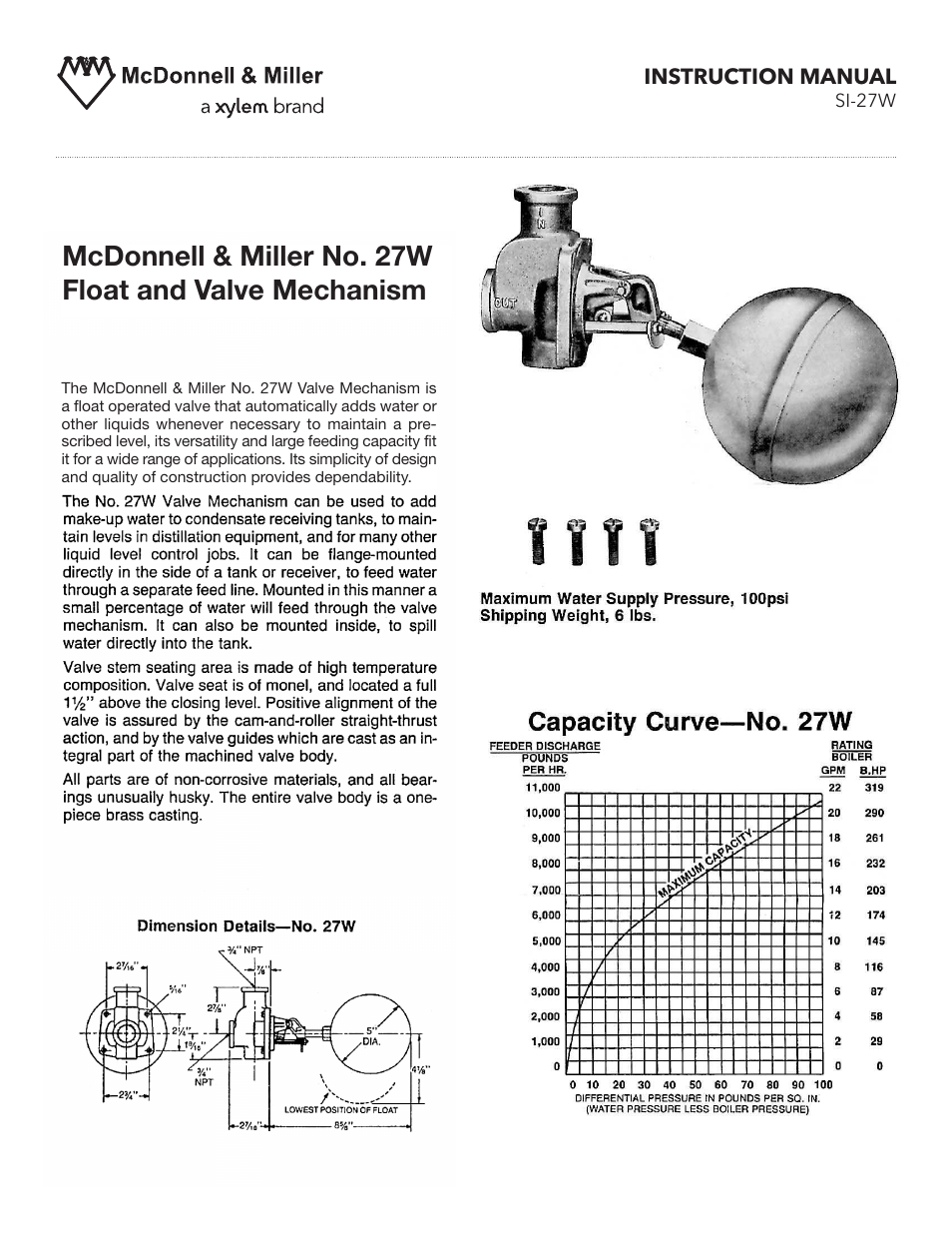 Xylem SI 27W C McDonnell & Miller No. 27W Float and Valve Mechanism User Manual | 3 pages