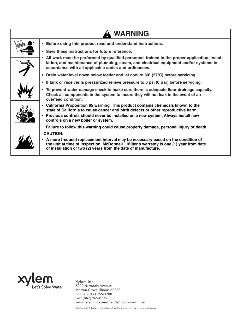 Warning | Xylem SI 27W C McDonnell & Miller No. 27W Float and Valve Mechanism User Manual | Page 3 / 3