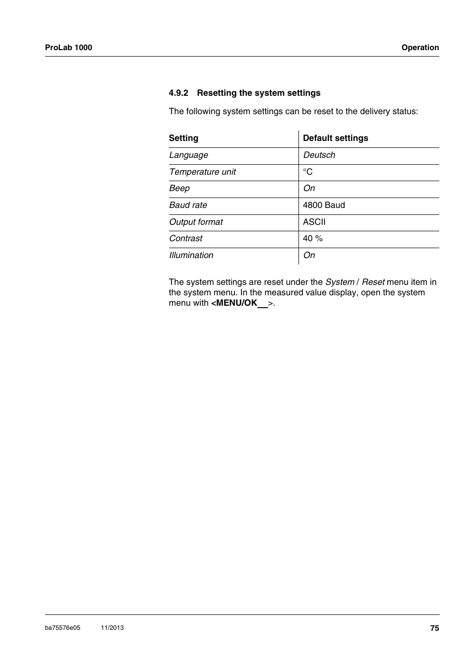 2 resetting the system settings, Resetting the system settings | Xylem ProLab 1000 User Manual | Page 75 / 104