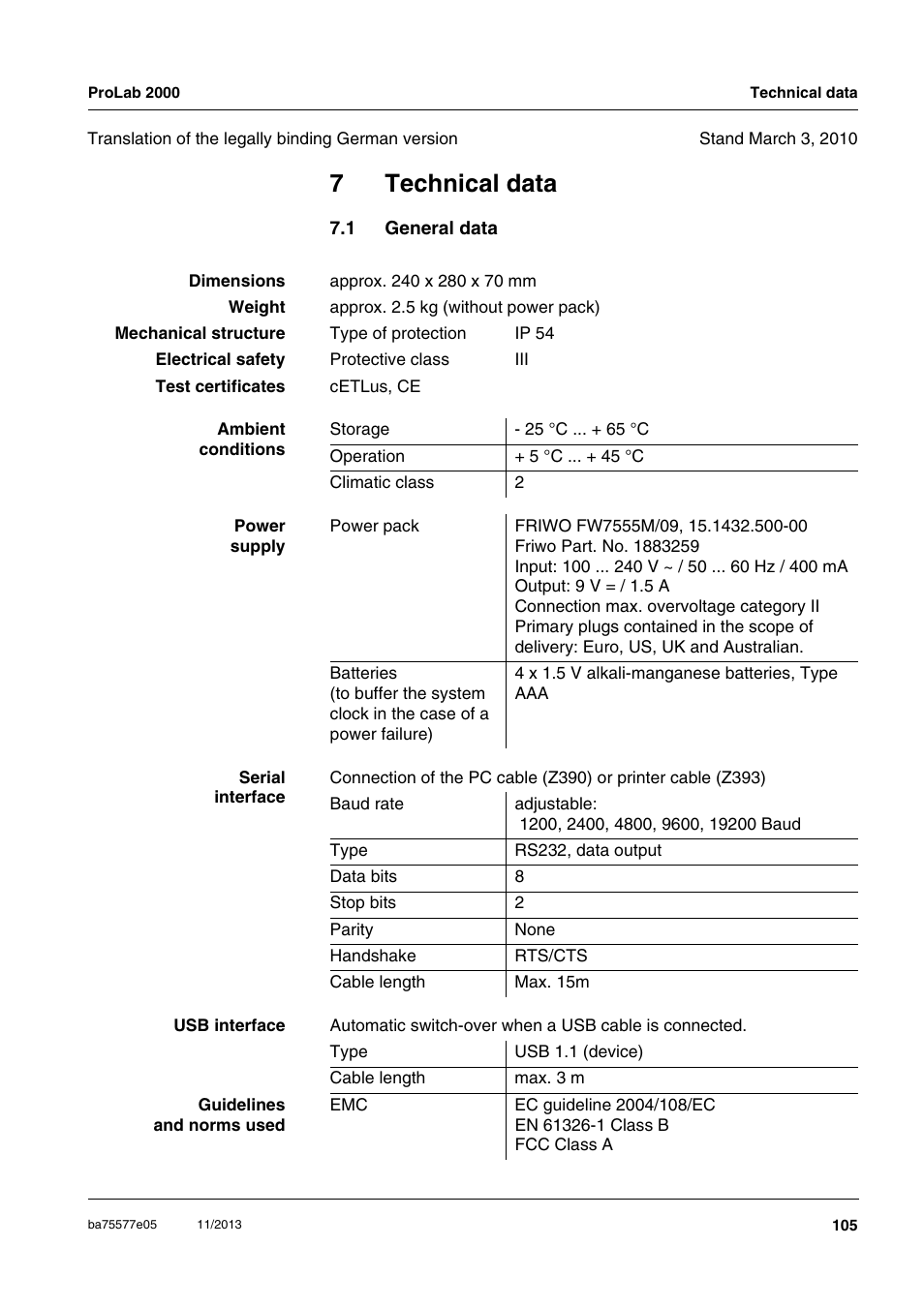 7 technical data, 1 general data, Technical data | General data, Ions as given in chapter 7 t, Echnical, Data, Chapter 7 t, 7technical data | Xylem ProLab 2000 User Manual | Page 105 / 128
