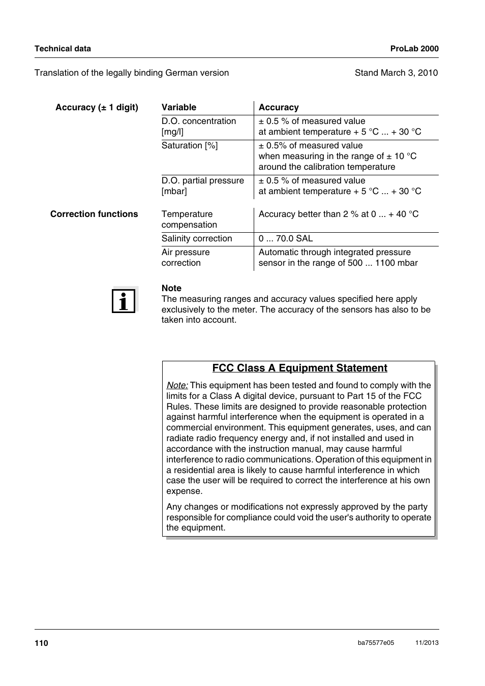 Fcc class a equipment statement | Xylem ProLab 2000 User Manual | Page 110 / 128