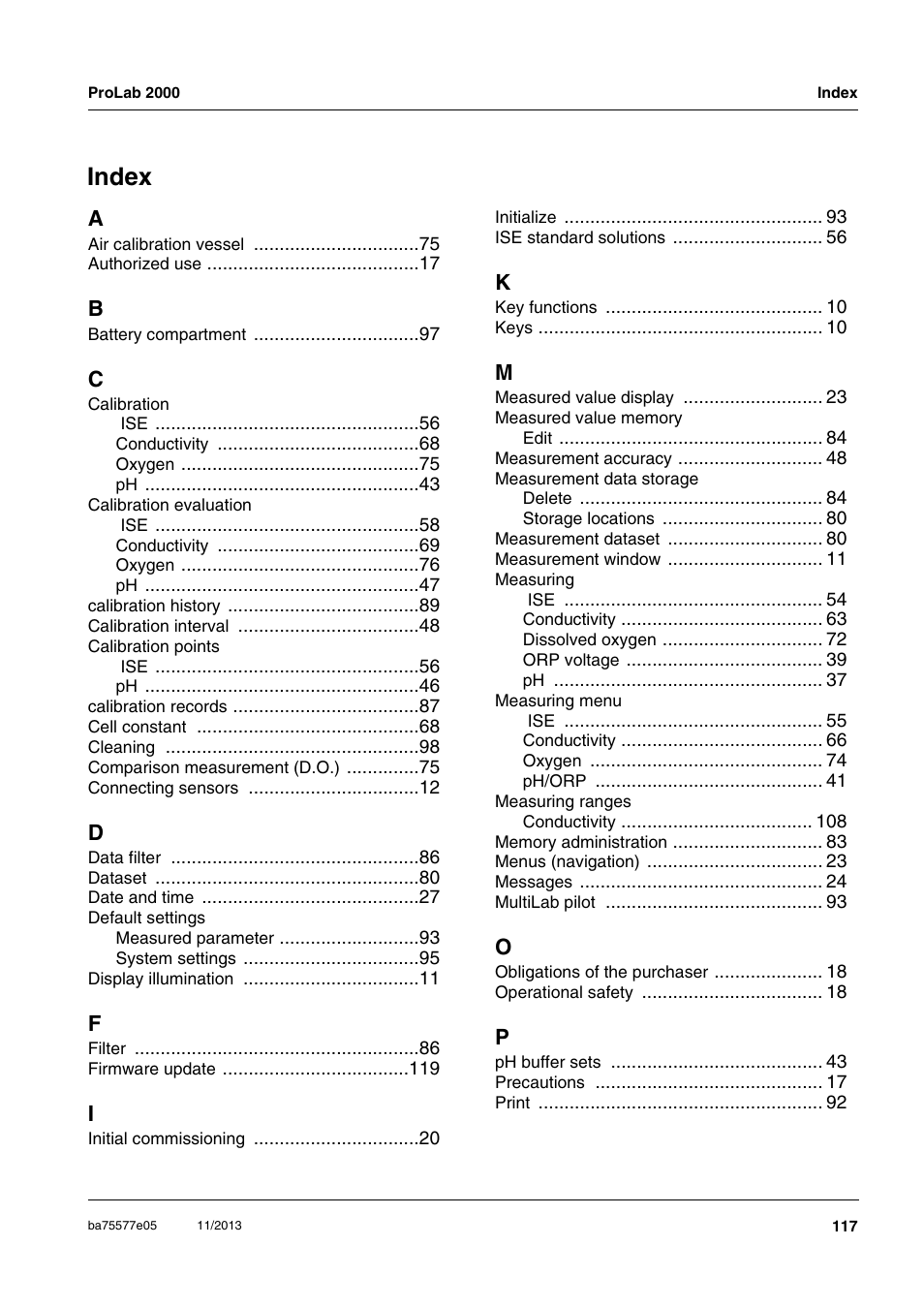 Index | Xylem ProLab 2000 User Manual | Page 117 / 128