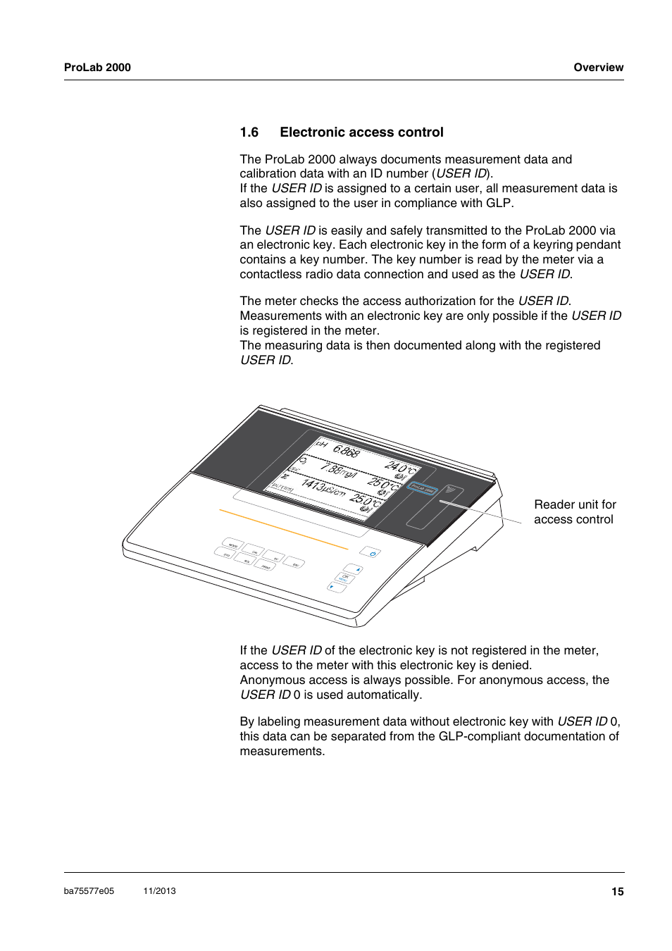 6 electronic access control, Electronic access control | Xylem ProLab 2000 User Manual | Page 15 / 128