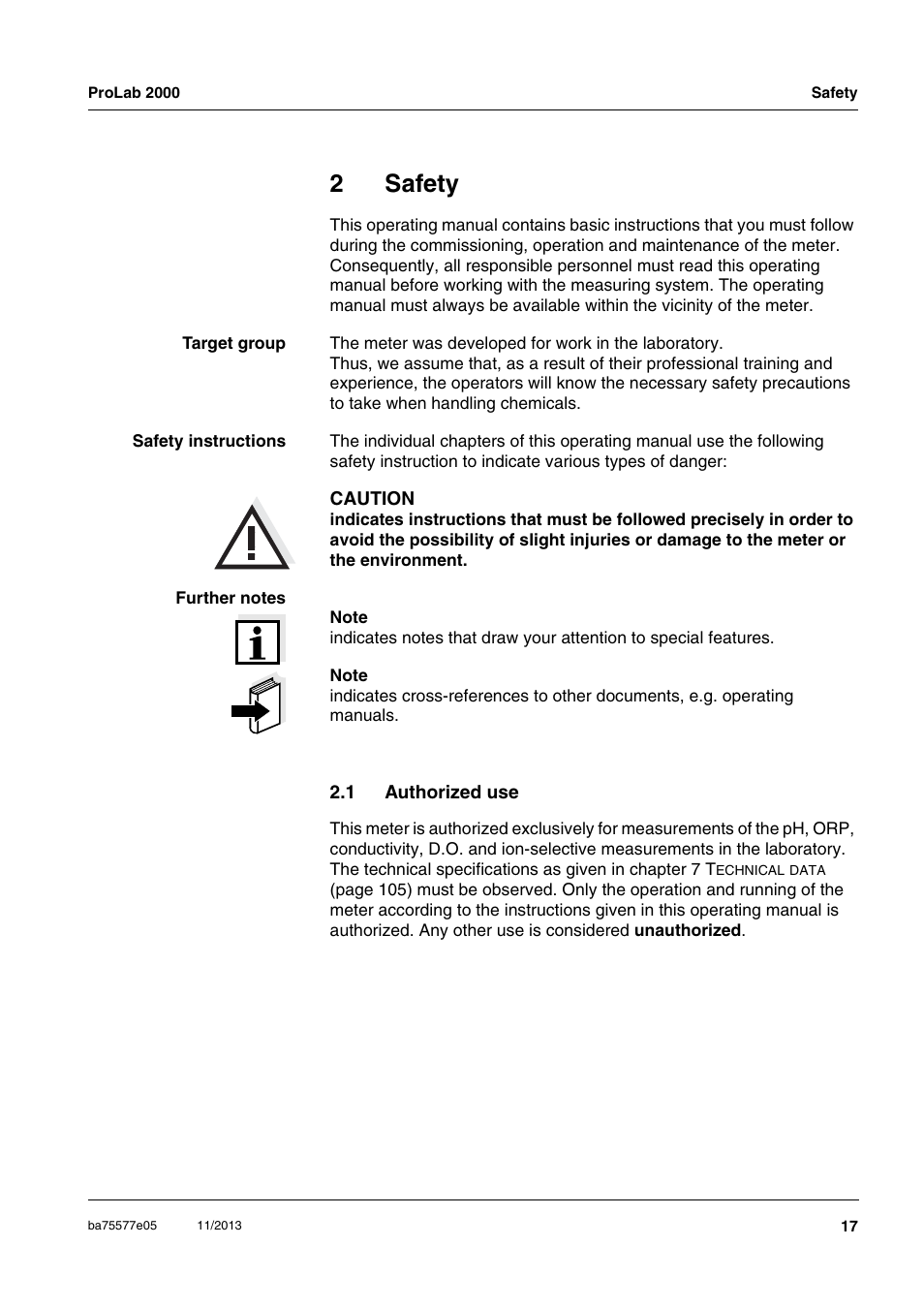 2 safety, 1 authorized use, Safety | Authorized use, 2safety | Xylem ProLab 2000 User Manual | Page 17 / 128