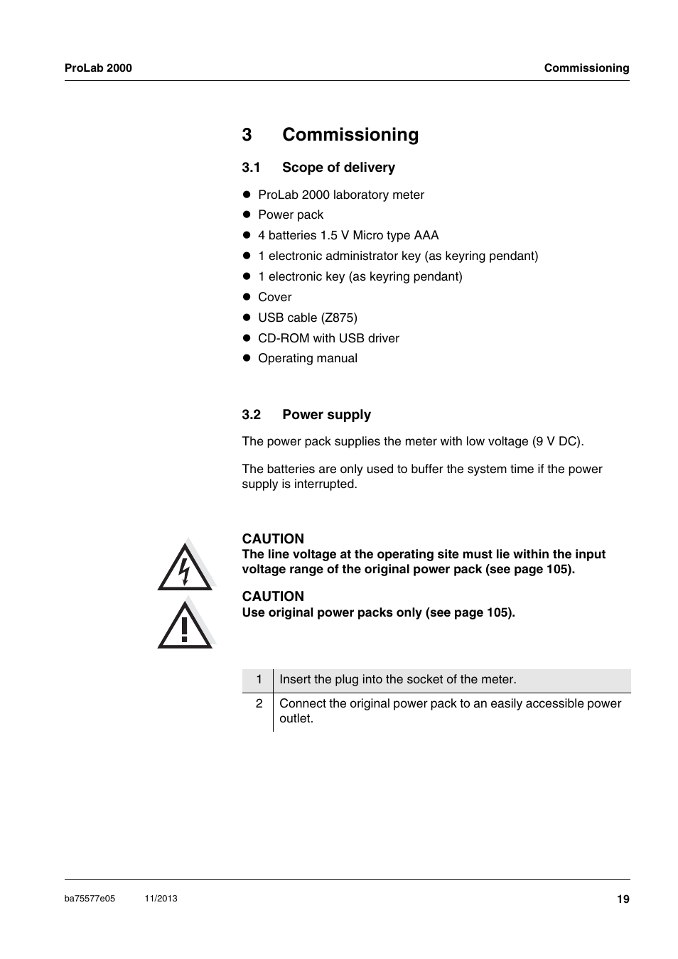 3 commissioning, 1 scope of delivery, 2 power supply | Commissioning, Scope of delivery, Power supply, 3commissioning | Xylem ProLab 2000 User Manual | Page 19 / 128