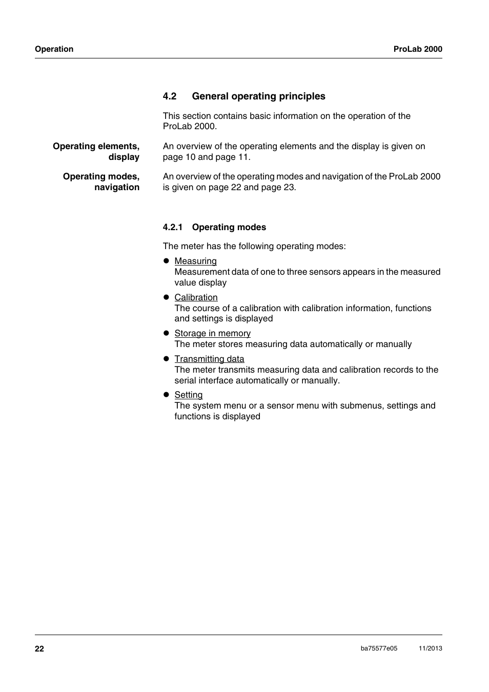 2 general operating principles, 1 operating modes, General operating principles 4.2.1 | Operating modes | Xylem ProLab 2000 User Manual | Page 22 / 128