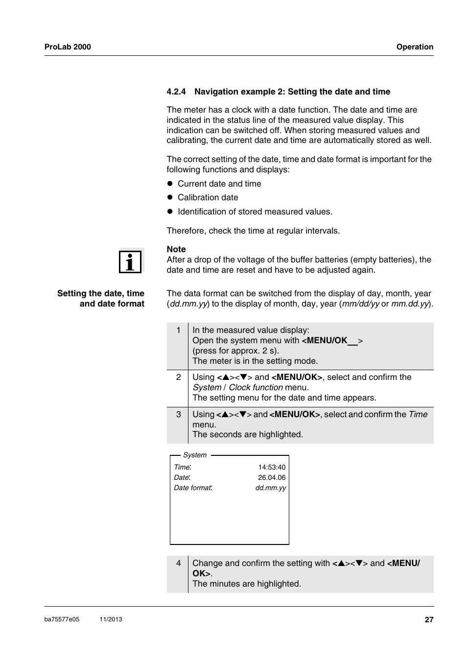 4 navigation example 2: setting the date and time, Navigation example 2: setting the date and time 27 | Xylem ProLab 2000 User Manual | Page 27 / 128