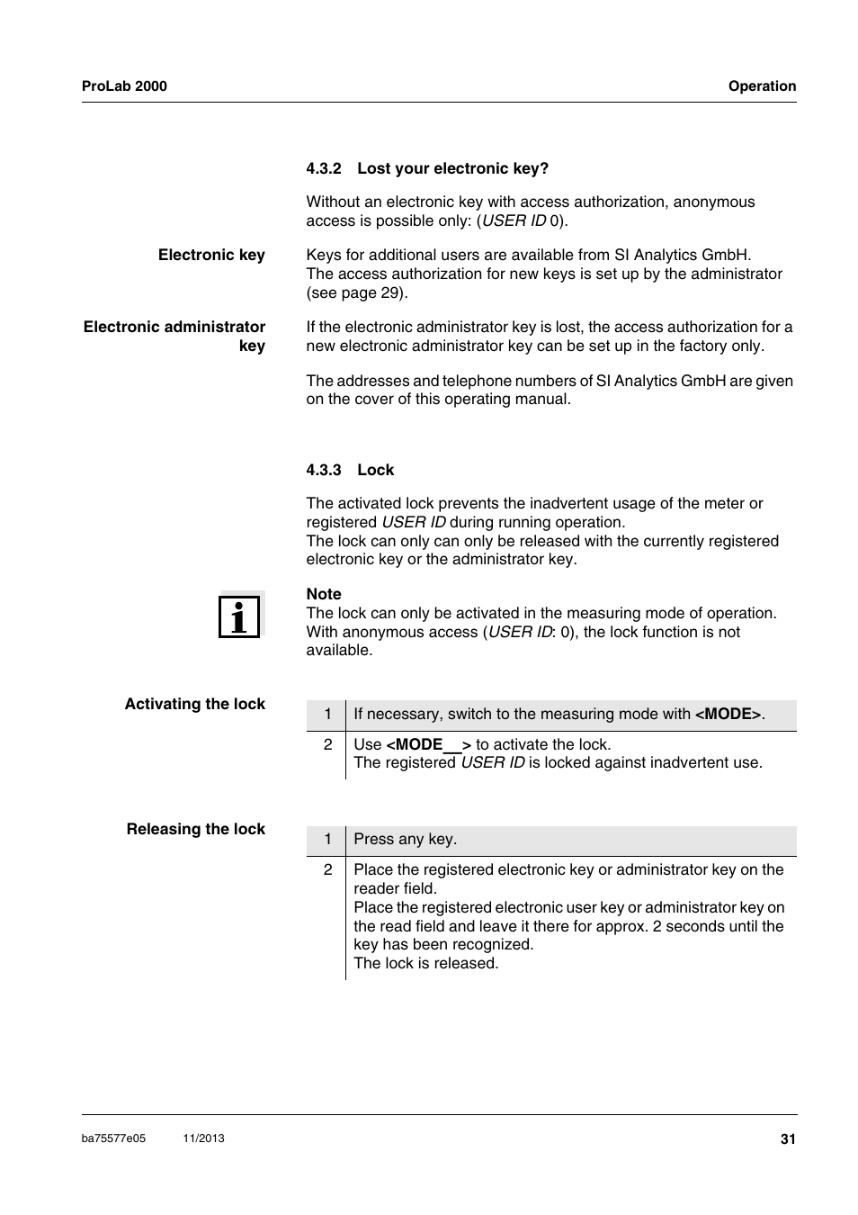 2 lost your electronic key, 3 lock, Lost your electronic key | Lock | Xylem ProLab 2000 User Manual | Page 31 / 128