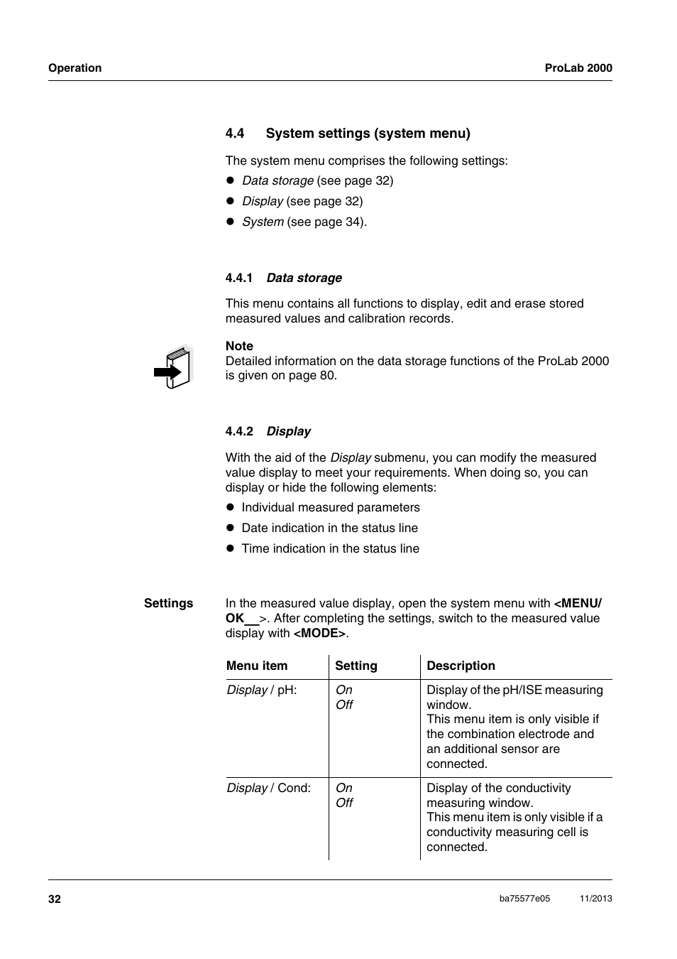 4 system settings (system menu), 1 data storage, 2 display | System settings (system menu) 4.4.1 | Xylem ProLab 2000 User Manual | Page 32 / 128