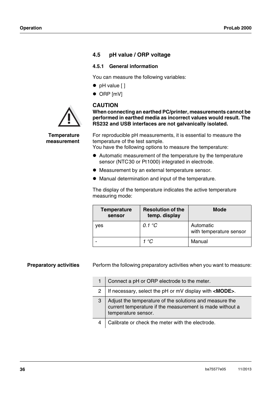 5 ph value / orp voltage, 1 general information, Ph value / orp voltage 4.5.1 | General information | Xylem ProLab 2000 User Manual | Page 36 / 128
