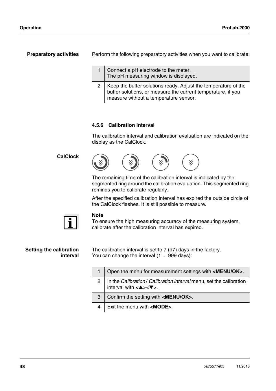 6 calibration interval, Calibration interval | Xylem ProLab 2000 User Manual | Page 48 / 128