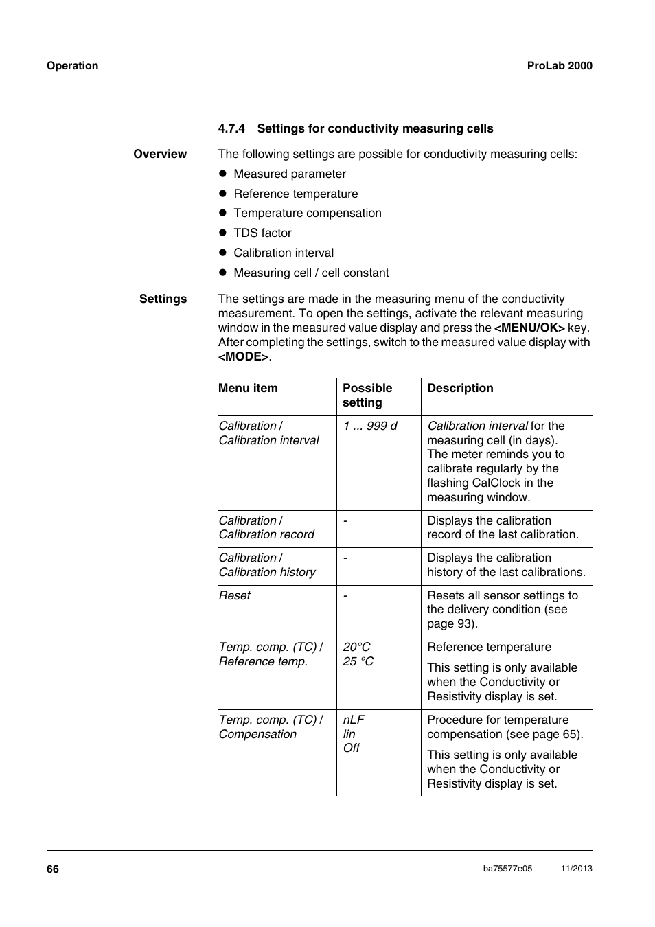 4 settings for conductivity measuring cells, Settings for conductivity measuring cells | Xylem ProLab 2000 User Manual | Page 66 / 128