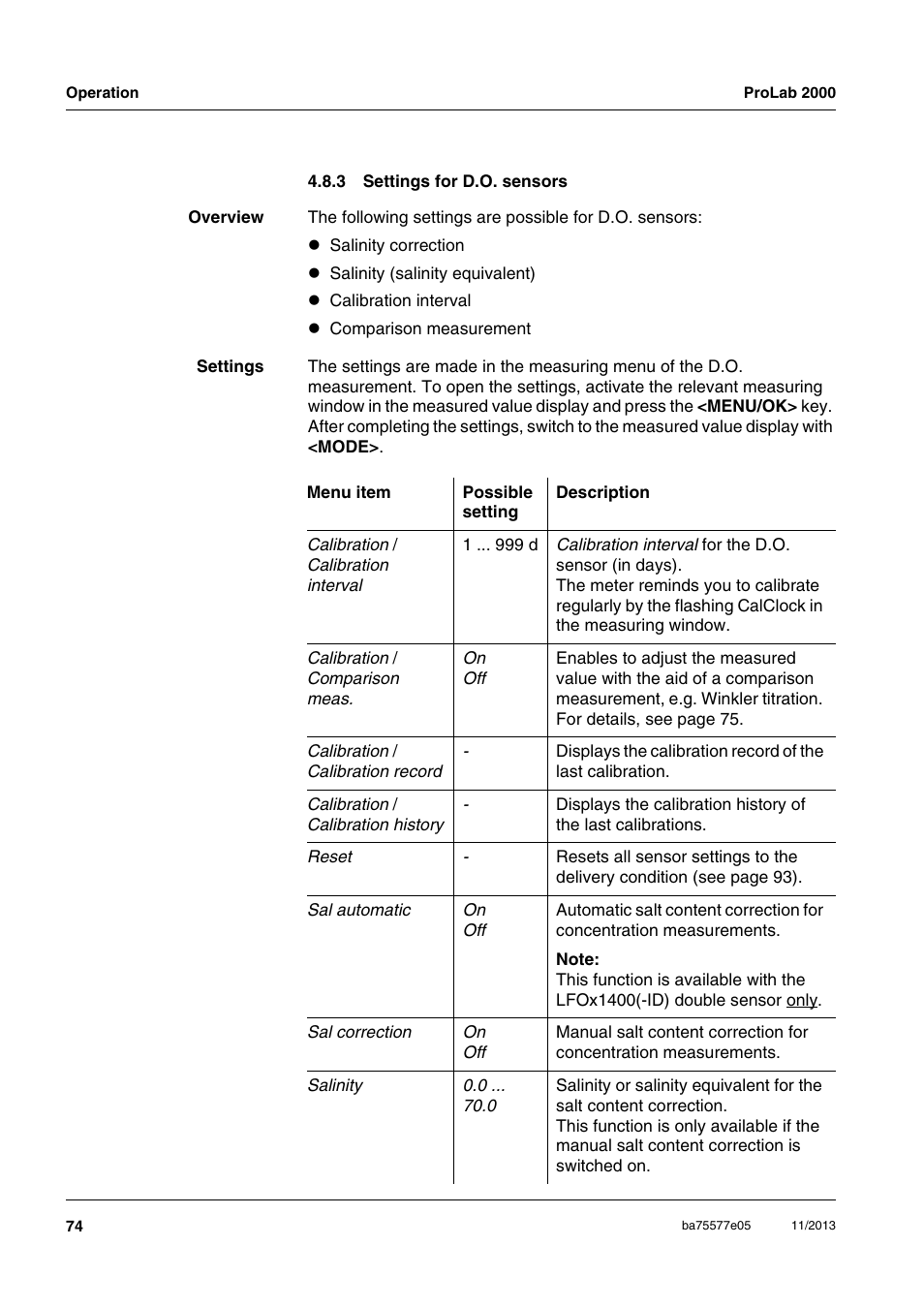 3 settings for d.o. sensors, Settings for d.o. sensors | Xylem ProLab 2000 User Manual | Page 74 / 128