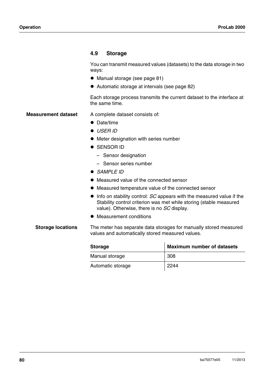 9 storage, Storage | Xylem ProLab 2000 User Manual | Page 80 / 128