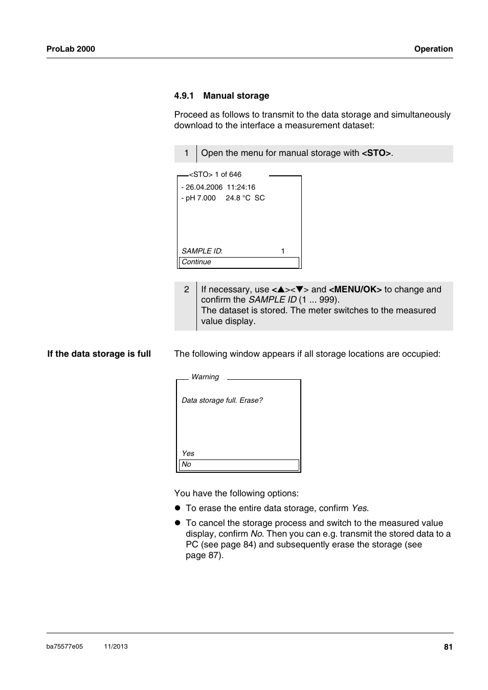 1 manual storage, Manual storage | Xylem ProLab 2000 User Manual | Page 81 / 128