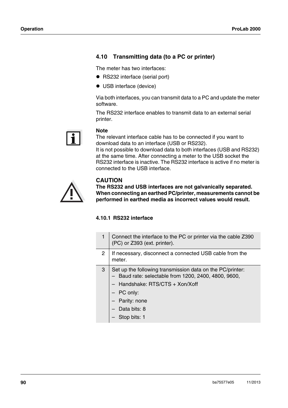 10 transmitting data (to a pc or printer), 1 rs232 interface | Xylem ProLab 2000 User Manual | Page 90 / 128