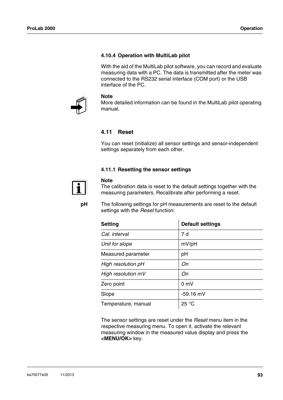 4 operation with multilab pilot, 11 reset, 1 resetting the sensor settings | Xylem ProLab 2000 User Manual | Page 93 / 128