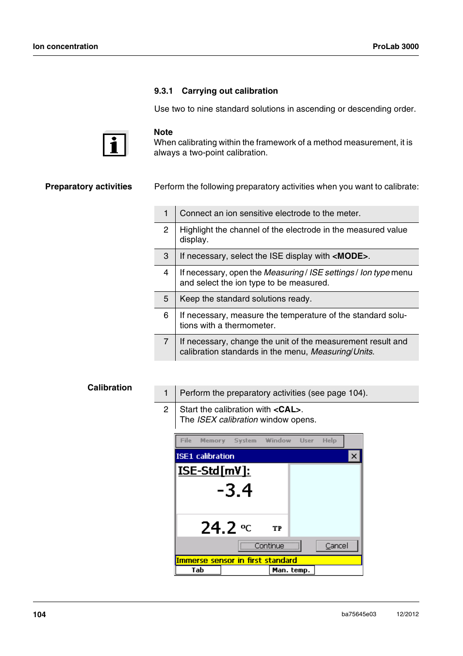 1 carrying out calibration, Carrying out calibration | Xylem ProLab 3000 User Manual | Page 104 / 202