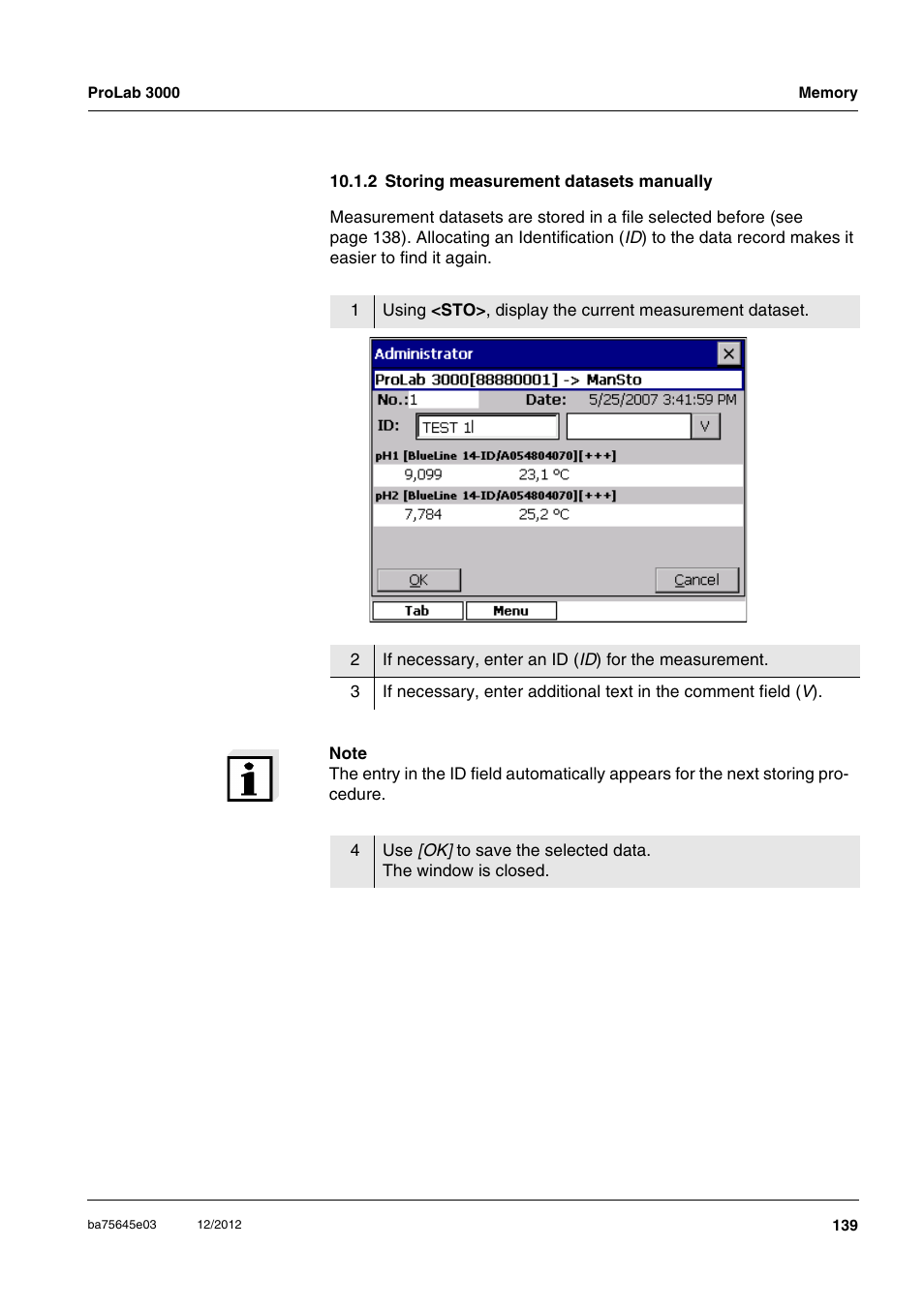 2 storing measurement datasets manually | Xylem ProLab 3000 User Manual | Page 139 / 202