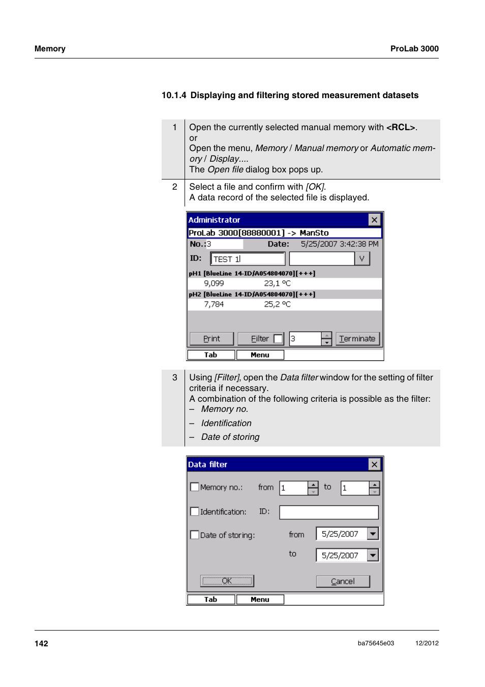 4 displaying and filtering stored measurement, Datasets | Xylem ProLab 3000 User Manual | Page 142 / 202