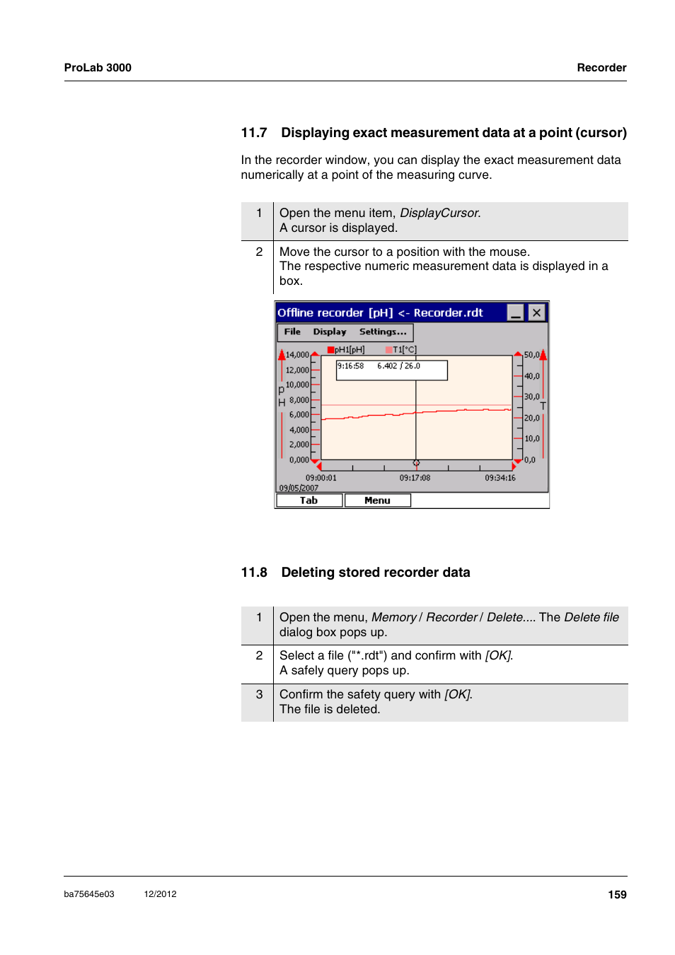 8 deleting stored recorder data | Xylem ProLab 3000 User Manual | Page 159 / 202
